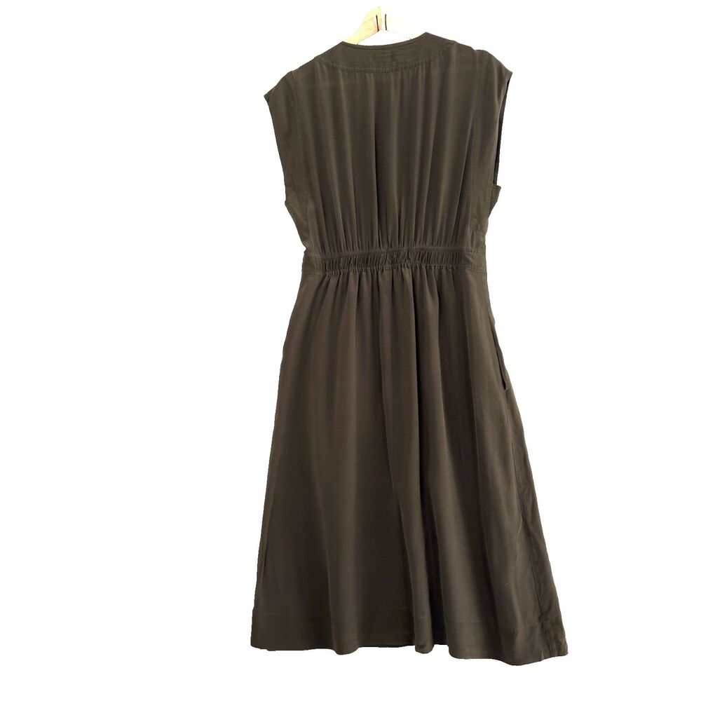 Madewell 100% Silk Dress Womens 12 Olive Green V Neck Button Front - Picture 3 of 9